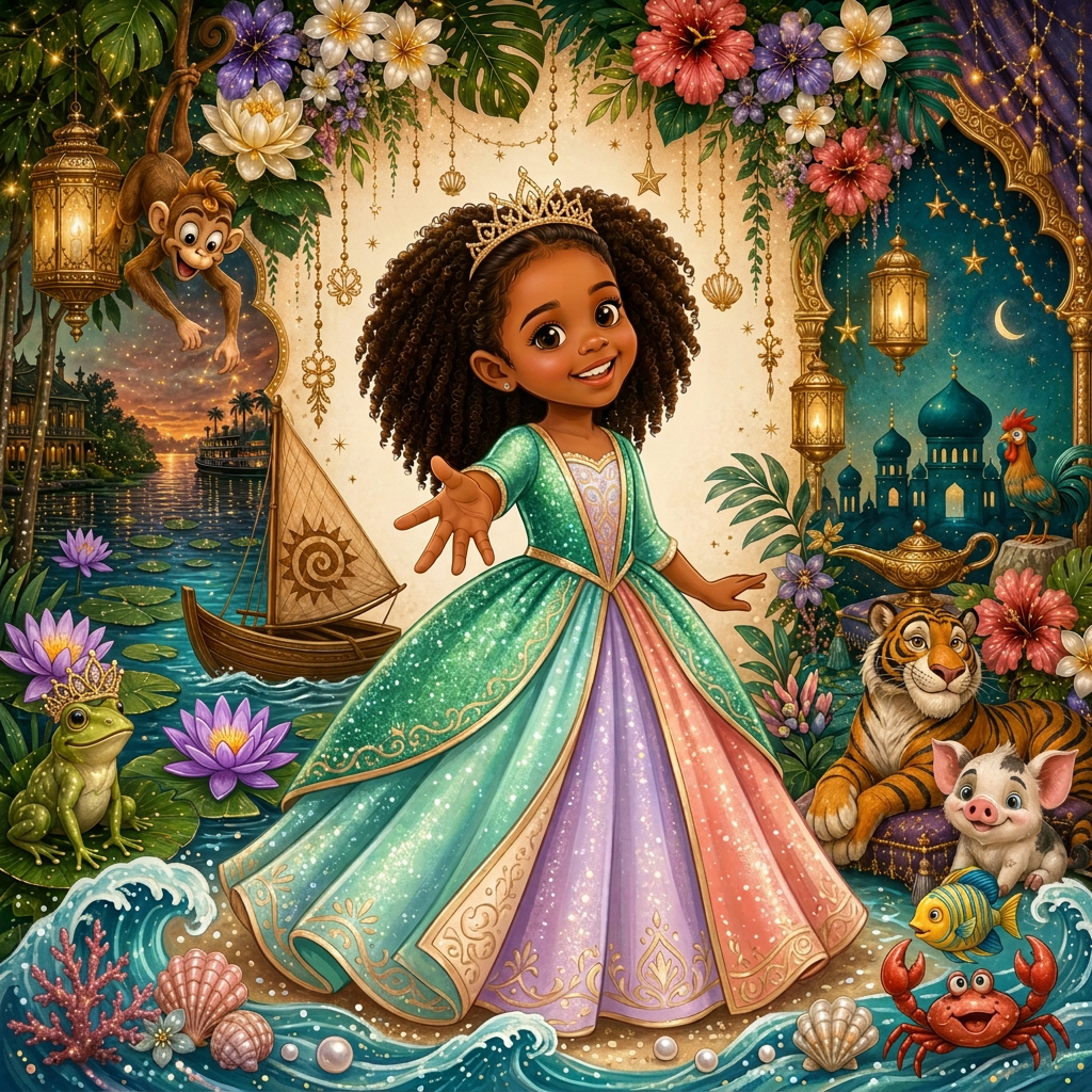 Magical Disney castle at sunset with Harper, the birthday girl, in a sparkly headband and floral princess dress reaching out with a big smile